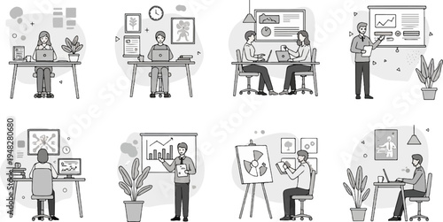 Office scenes people working, presenting, and collaborating in minimalist style