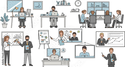 Diverse professionals collaborating, presenting, and working remotely (1)