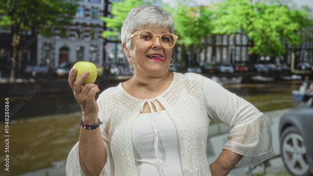 Fototapeta premium Woman holding a green apple in hand while examining it on a street canal lined with buildings; quiet contemplation.