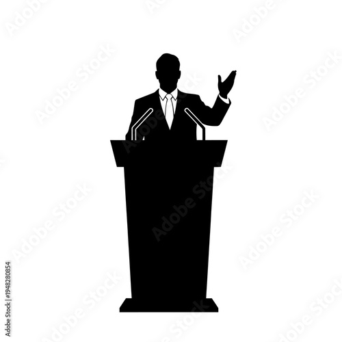 Silhouette of a Public Speaker Giving a Speech at a Podium.