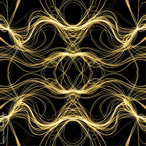 Abstract golden light trails flowing on a black background, symmetrical design