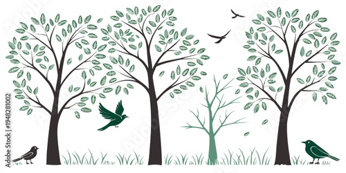 a group of trees and birds in a natural setting Vector
