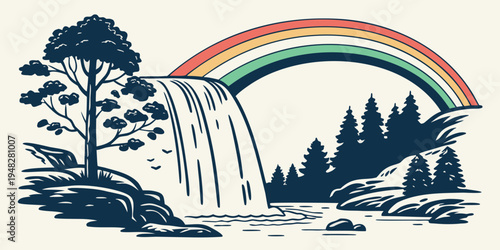a waterfall with a rainbow over it and trees Vector