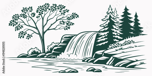 a waterfall cascading down a rocky slope surrounded by trees Vector