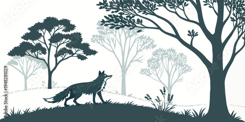 a wolf standing on a hill looking at trees Vector