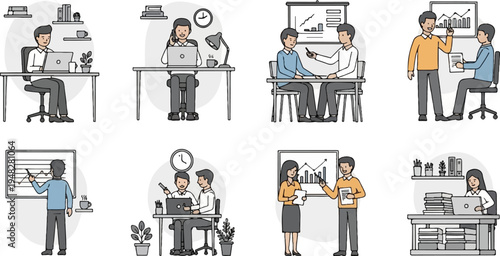 Diverse office scenes show individuals and groups collaborating and working