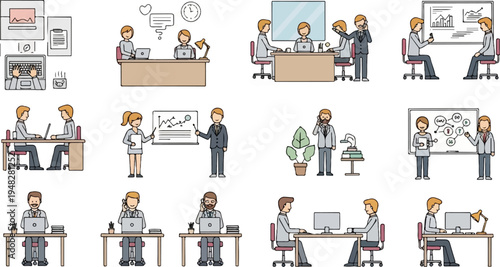 Diverse office scenes depicting teamwork, meetings, and individual work tasks