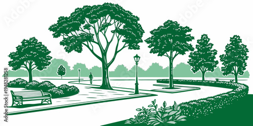 a green illustration of a park with trees and a walking path Vector