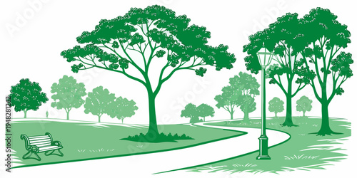 a green park with trees and a walking path Vector