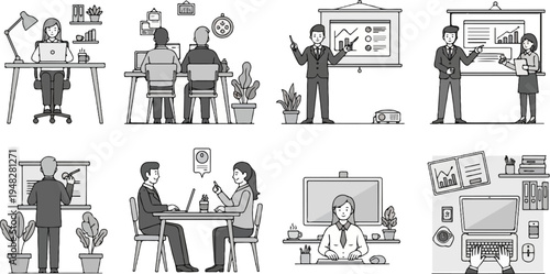 Diverse office scenes depicting collaboration and individual work (2)