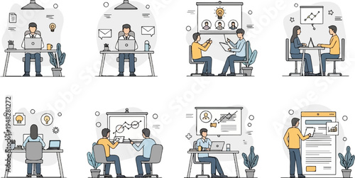 Diverse office scenes depicting collaboration and individual work