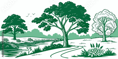 a green illustration of trees and bushes in a field Vector