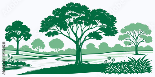 a green landscape with trees and bushes Vector