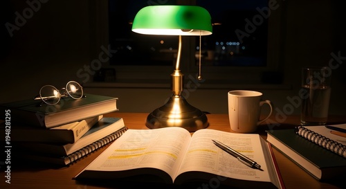 Warm light from a classic green desk lamp illuminates an open book, eyeglasses, and coffee mug on a desk at night, suggesting focused study.