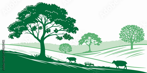 a green landscape with trees and cows grazing in a field Vector