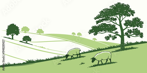 a green landscape with a tree and a field Vector