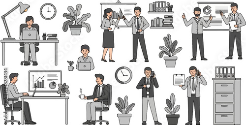 Diverse office workers engage in various business tasks and interactions