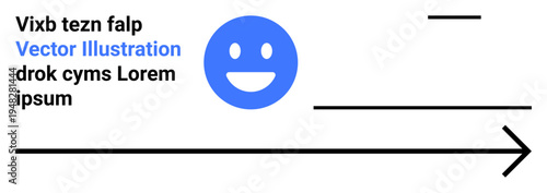 Happiness, communication, directional guidance, visual design, branding, positivity. Blue happy face icon with placeholder text, black lines and bold arrow. Happiness and communication concept