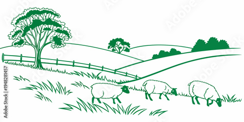 a green illustration of sheep grazing in a field with a tree Vector