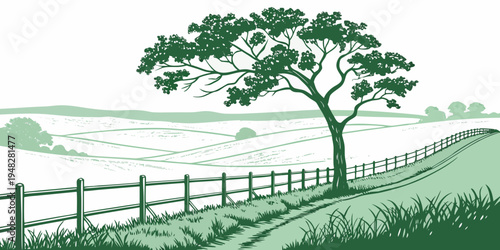 a tree stands beside a fence in a rural landscape Vector