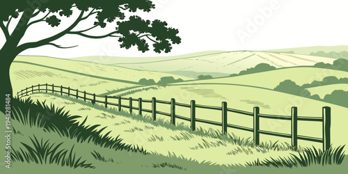 a green field with a tree and a wooden fence Vector