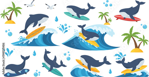 Cute surfing whale characters riding ocean waves with surfboards tropical island palm trees playful summer cartoon vector illustration set