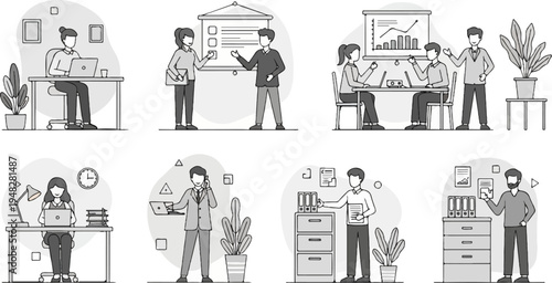 Diverse office scenes showcasing collaboration, individual work, and presentations