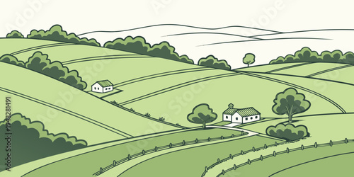 a green landscape with rolling hills and trees Vector