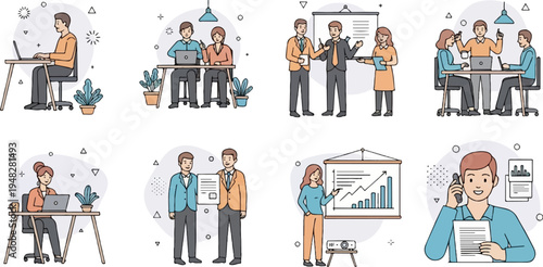 Collection of eight flat vector illustrations depicting business scenarios