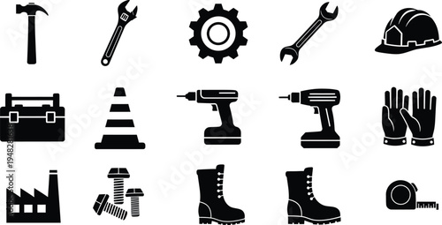 Silhouette of various construction tools isolated on transparent background