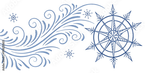 a blue floral design with a compass on a white background Vector