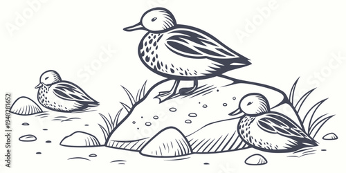 three small birds sitting on a rocky outcrop Vector