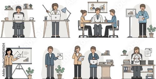 Diverse professionals engaged in various office tasks