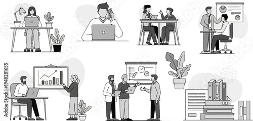 Diverse people in a grayscale style, engaged in various office tasks and discussions