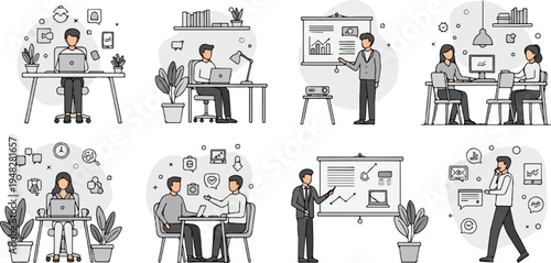 Diverse people working on laptops, in meetings, and giving presentations