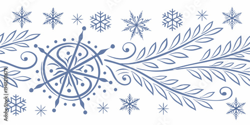 a blue floral design with snowflakes and leaves on a white background Vector