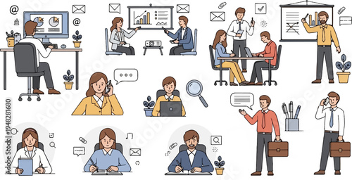 Diverse professionals collaborate and work in a modern office setting