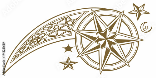 a golden compass with stars and a crescent moon Vector