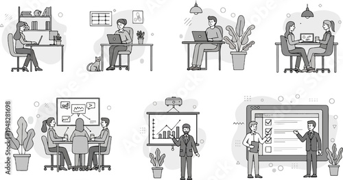 Diverse team members collaborate and present data in a modern office setting