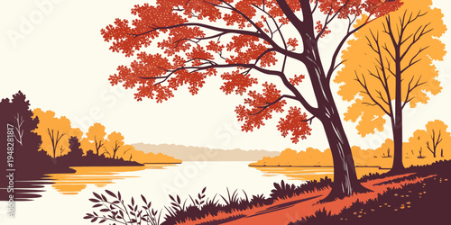 a serene autumn landscape with trees by a lake Vector