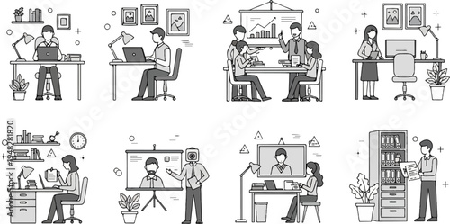 Office scenes individuals working, meetings, and remote collaboration
