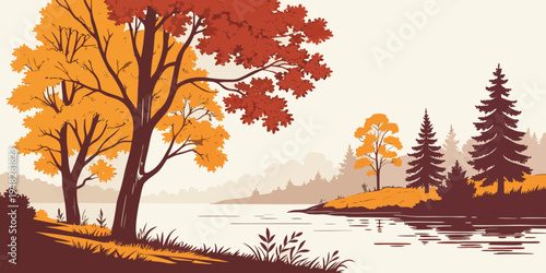 a serene autumn landscape with trees and a lake Vector