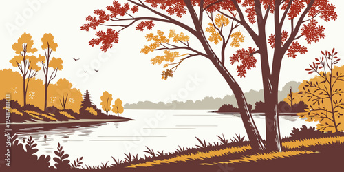a colorful tree by a lake during autumn Vector