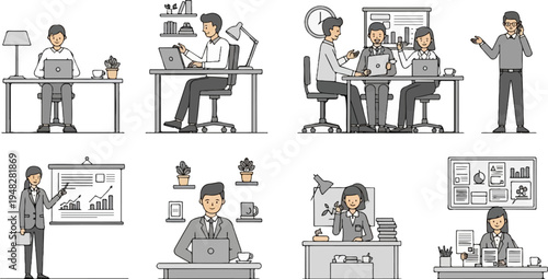 Office staff in various business activities