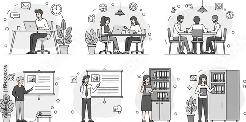 Office scenes with people working at desks and collaborating