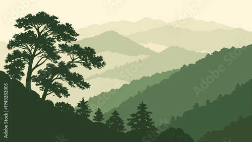 a serene mountain landscape with trees in the foreground Vector