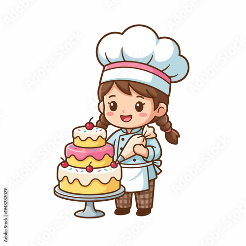 A cheerful girl chef decorates a multi-tiered cake, showcasing her culinary skills. The scene captures her joyful spirit and creativity in baking delightful treats.