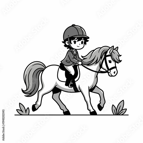 An adorable illustration of a young rider happily trotting on a pony, capturing the joy and excitement of horseback riding, symbolizing childhood dreams and adventure.