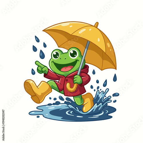 A playful frog wearing boots and holding an umbrella leaps joyfully in puddles during the rain, embodying the carefree spirit of childhood and excitement in nature.