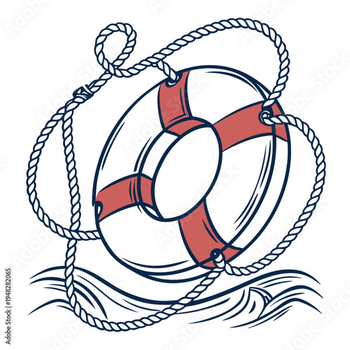a life preserver with a red and white stripe and a rope Vector